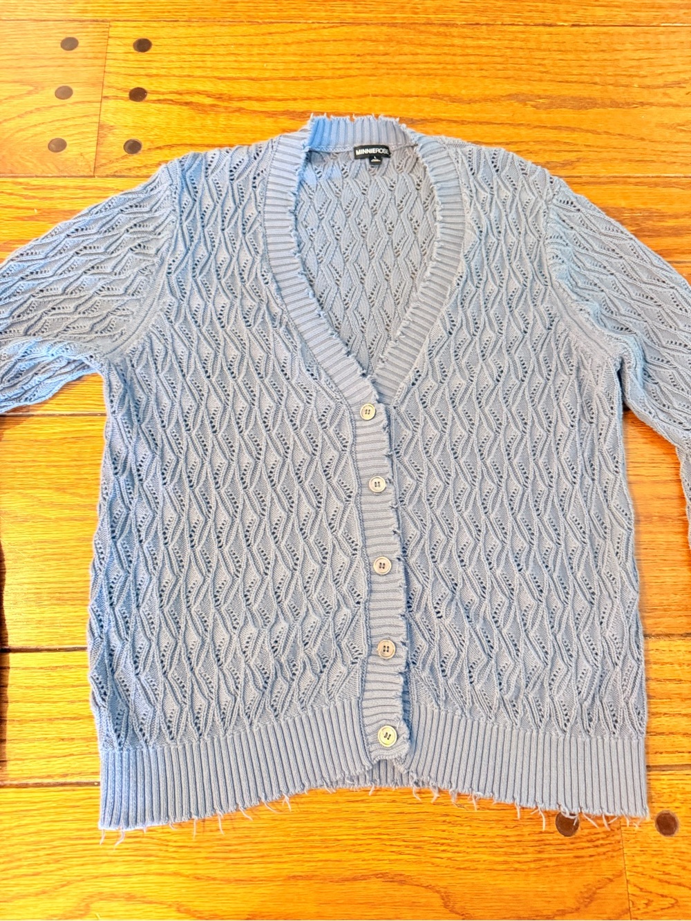 Minnie Rose Women’s Light Blue Openwork Button-Front Cardigan Sweater